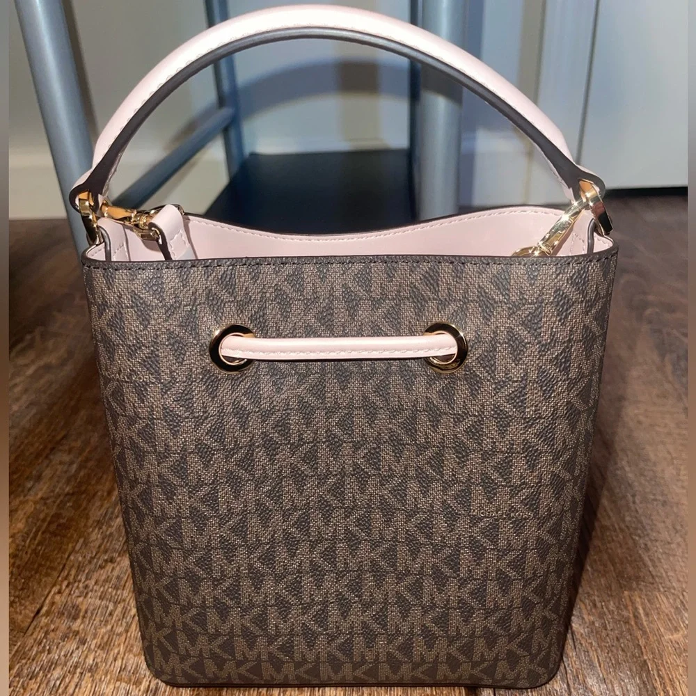 Michael Kors Brown Logo Bucket Bag with Pale Pink Trim